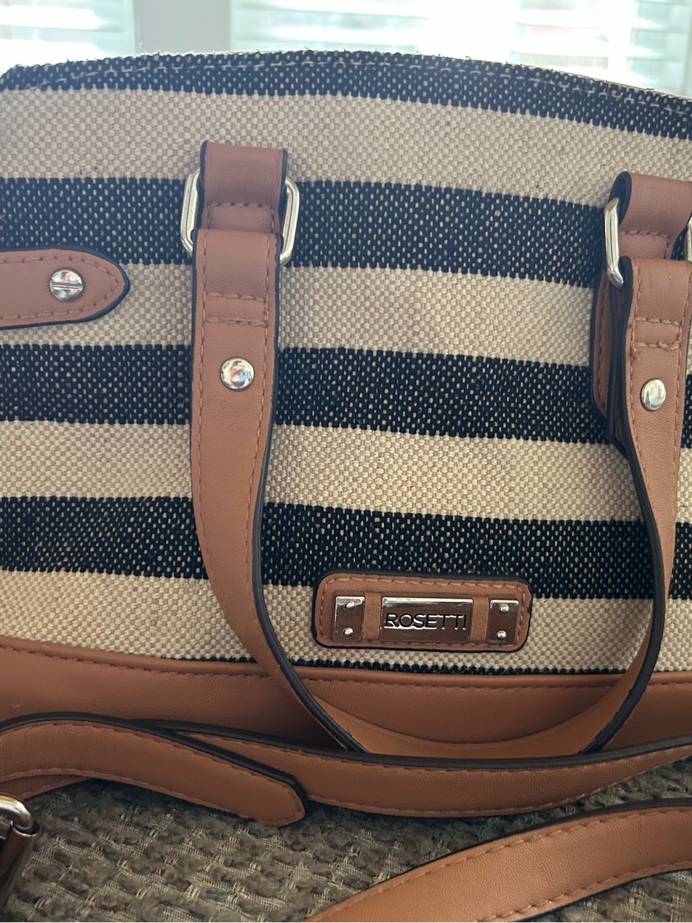 Rosetti Navy and Cream Striped Canvas Tote with Tan Trim and Handles - Picture 2 of 7